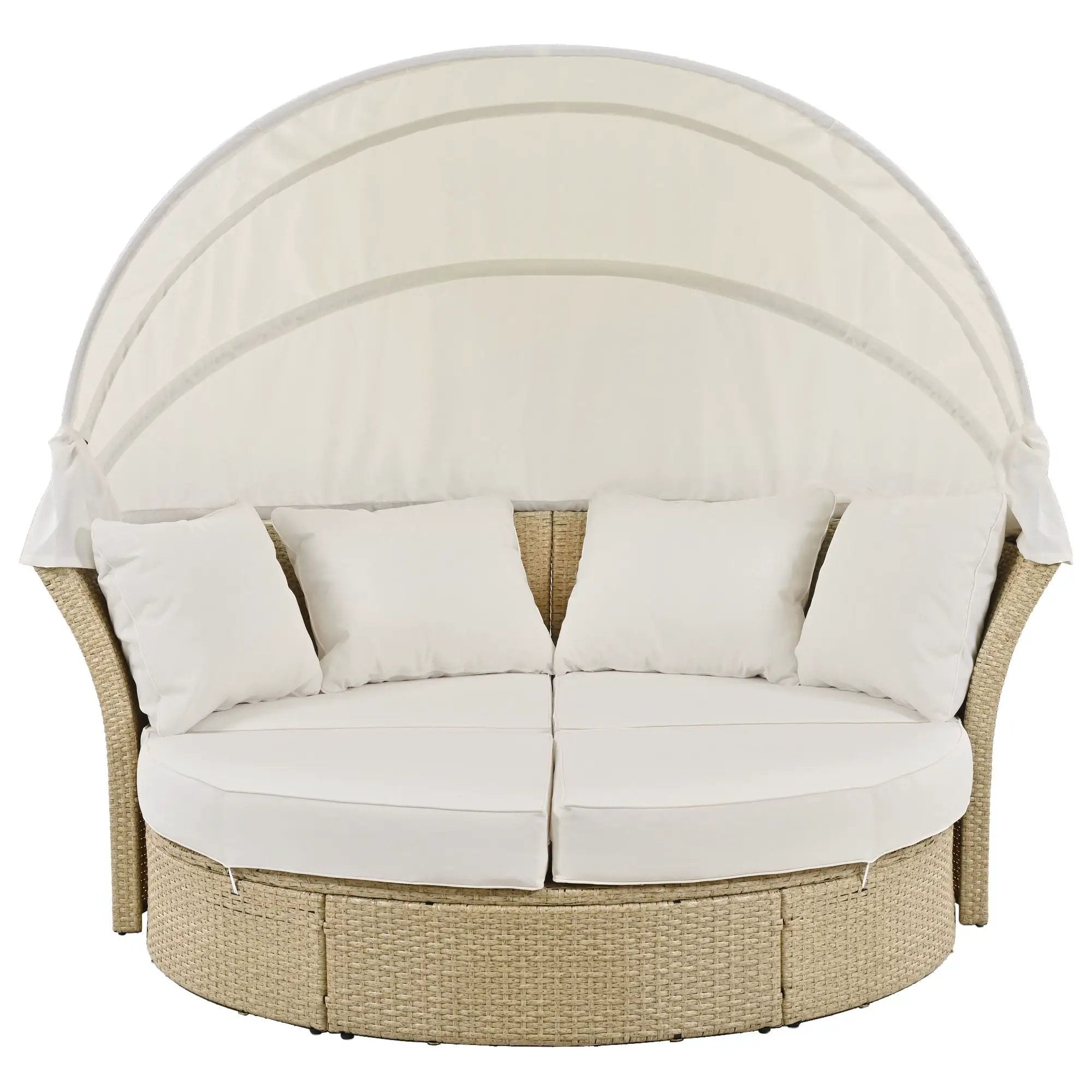 Outdoor Patio Daybed Wicker Rattan Double Daybed Round Sofa Furniture Set With Retractable Canopy, 4 Pillows For Lawn Garden by HouseOfZazla