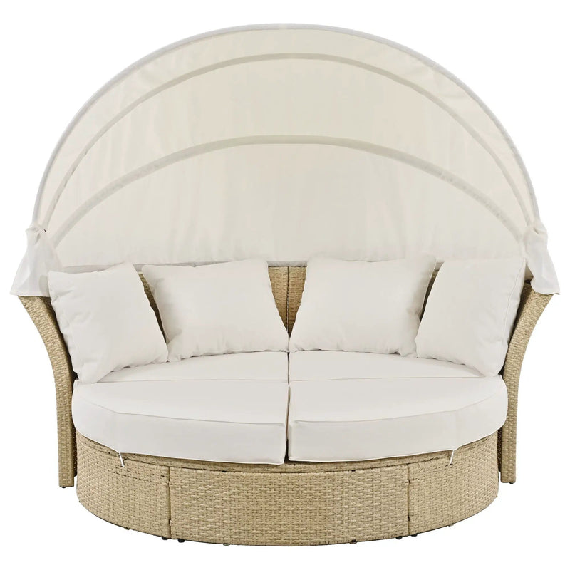 Outdoor Patio Daybed Wicker Rattan Double Daybed Round Sofa Furniture Set With Retractable Canopy, 4 Pillows For Lawn Garden by HouseOfZazla