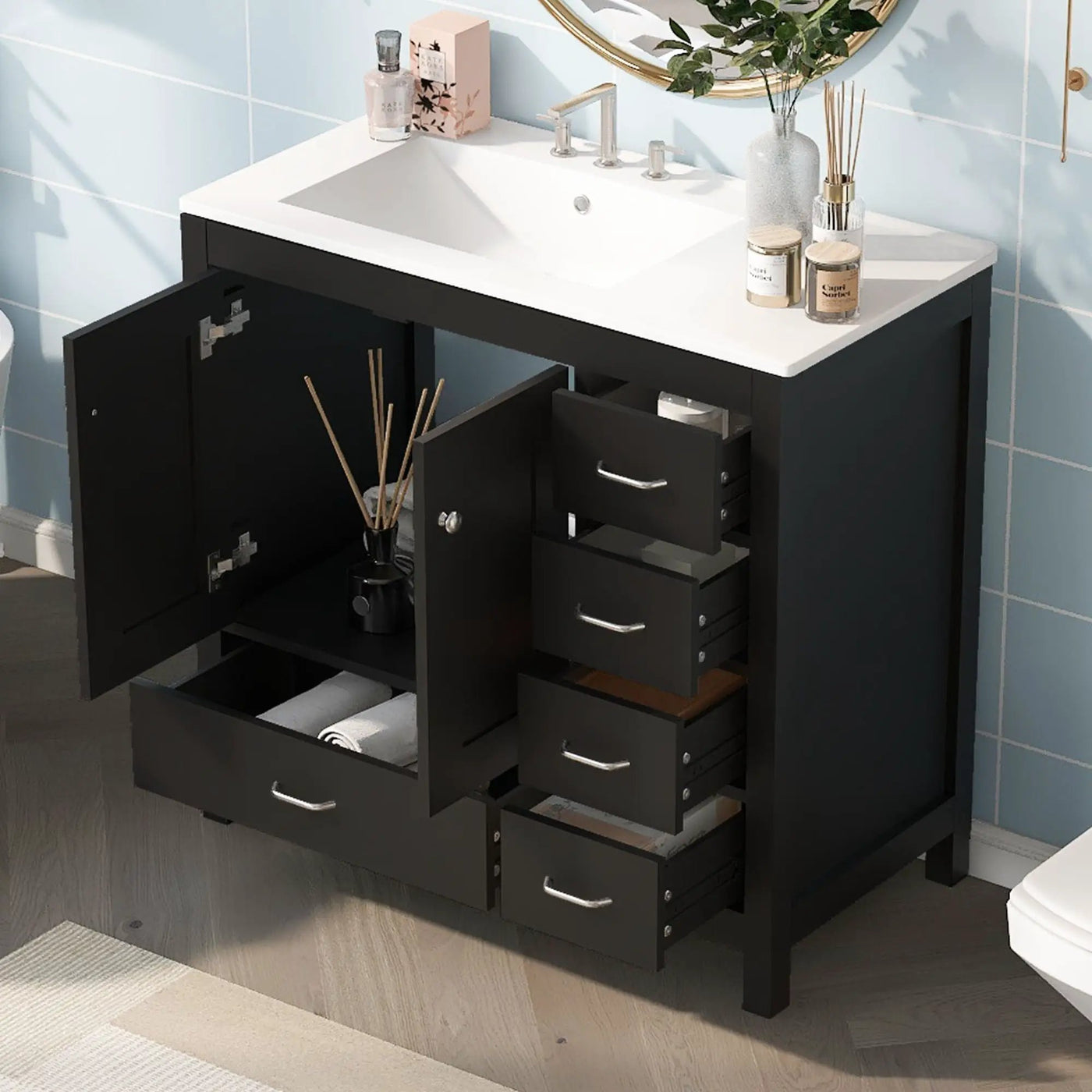 Bathroom Vanity With Ceramic Sink Combo, Abundant Storage Cabinet 2 Soft Close Doors And 5 Drawers by Unique Piece Furniture