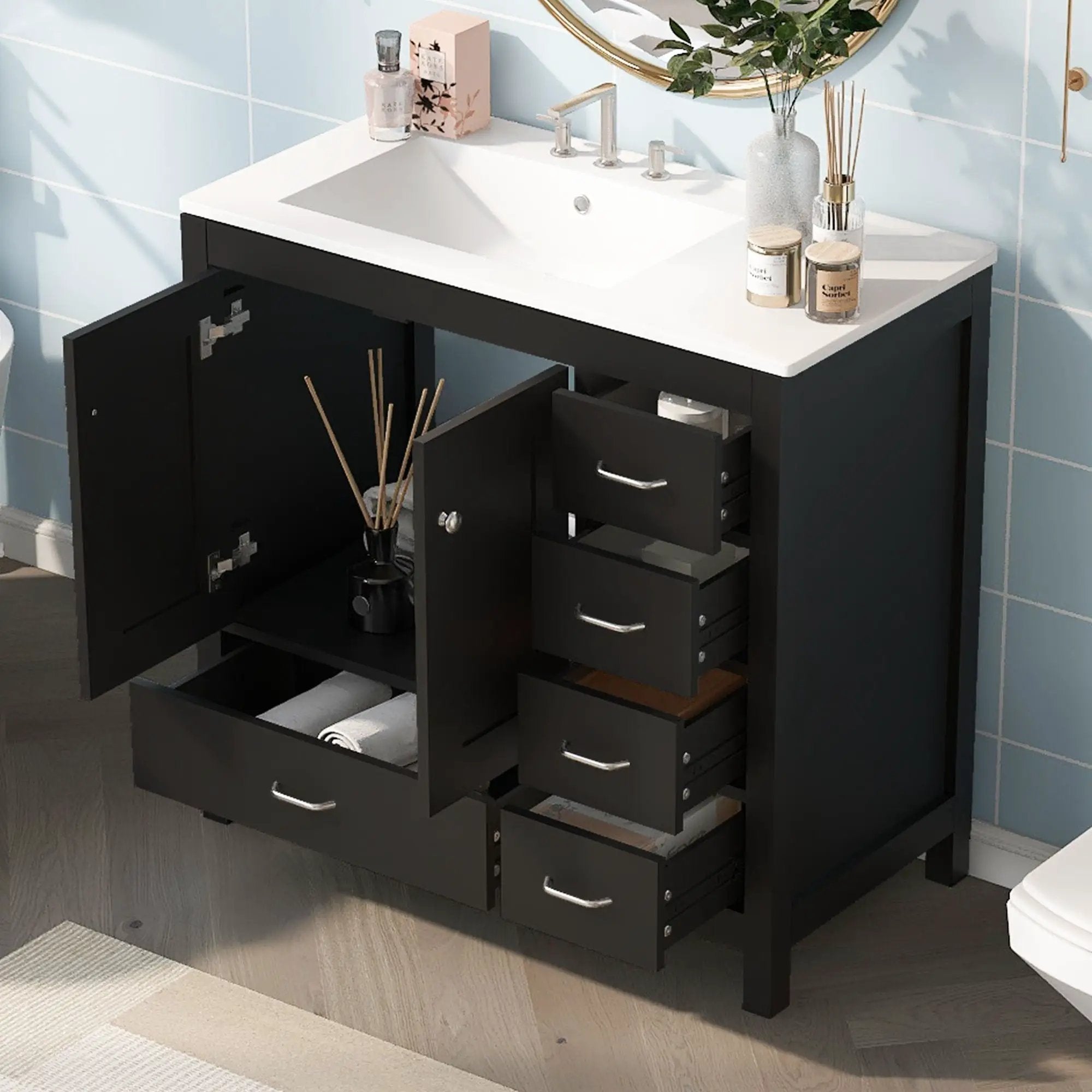 Bathroom Vanity With Ceramic Sink Combo, Abundant Storage Cabinet 2 Soft Close Doors And 5 Drawers by HouseOfZazla