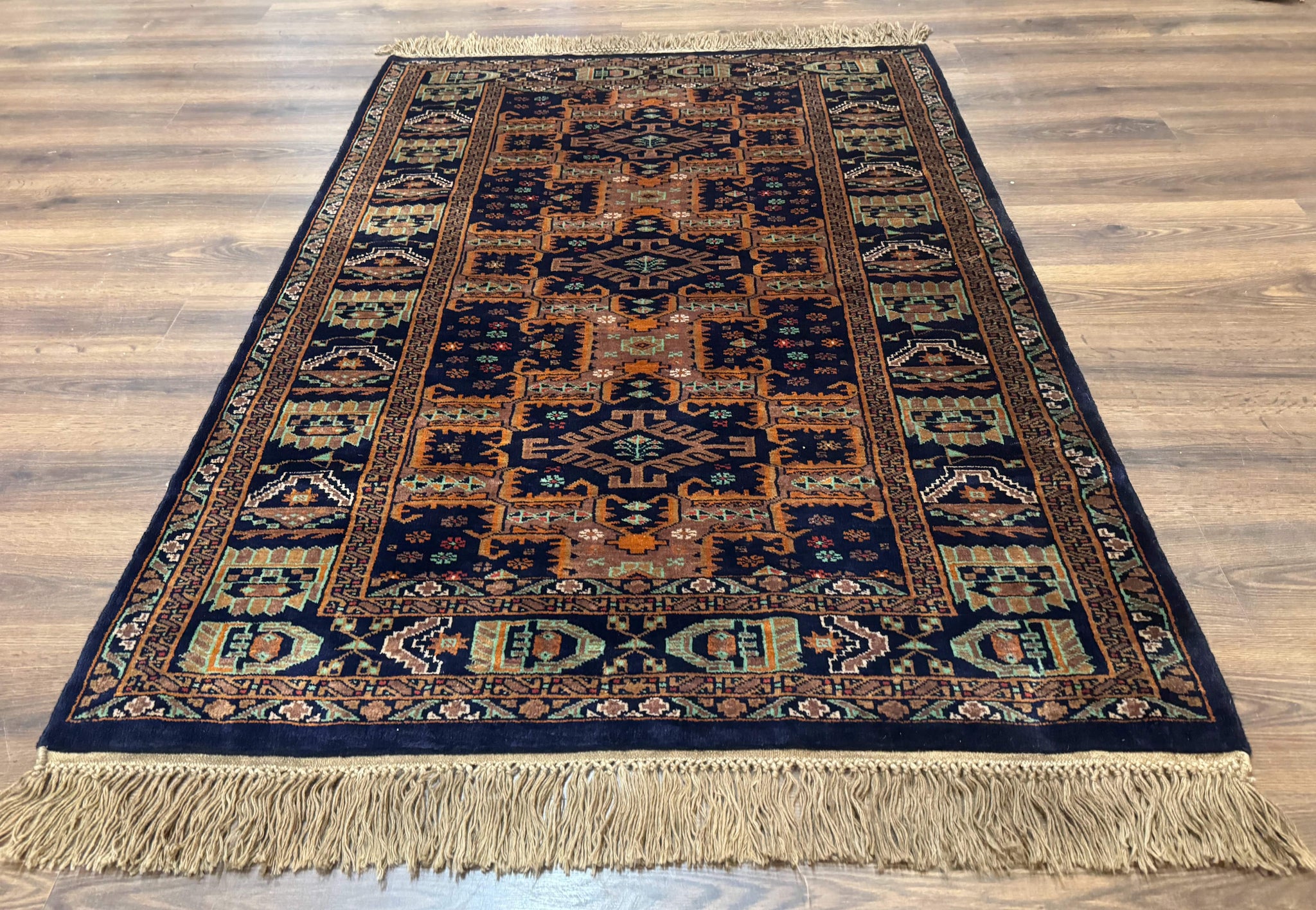 Vintage Afghan Rug 4x6, Navy Blue and Light Brown, Geometric Medallions, Wool on Wool, Tribal Rug by Jewel Rugs