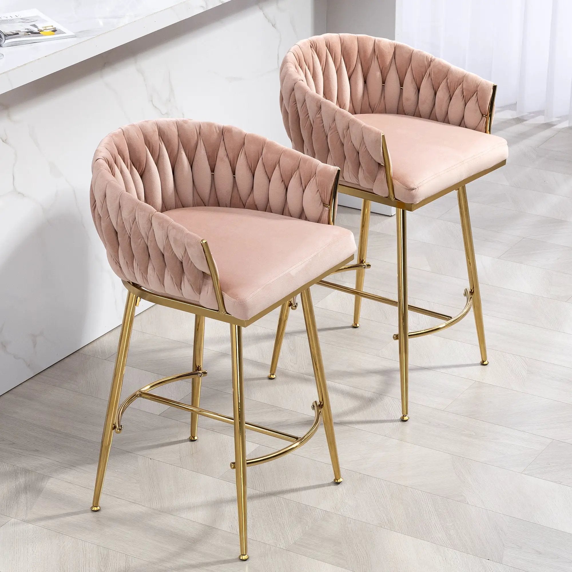 Counter Height Bar Stools Kitchen Island Counter Bar Stool With Hand - Wave Back, Golden Chromed Base And Footrest (Set of 2) - Pink by HouseOfZazla