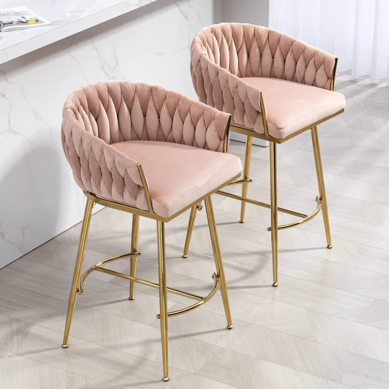 Counter Height Bar Stools Kitchen Island Counter Bar Stool With Hand - Wave Back, Golden Chromed Base And Footrest (Set of 2) - Pink by HouseOfZazla