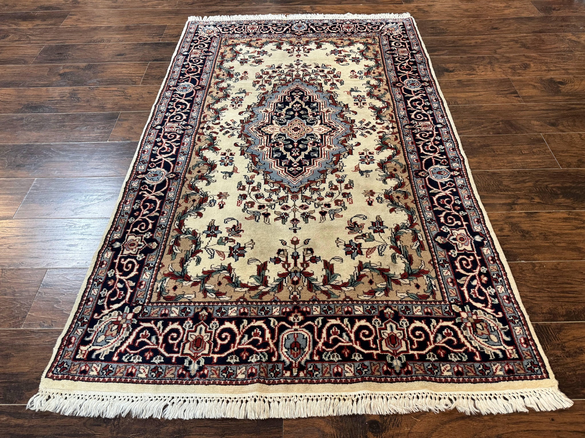 Indian Kashmiri Rug 4x6, Ivory Beige Navy Blue, Traditional Indo Persian Rug by Jewel Rugs
