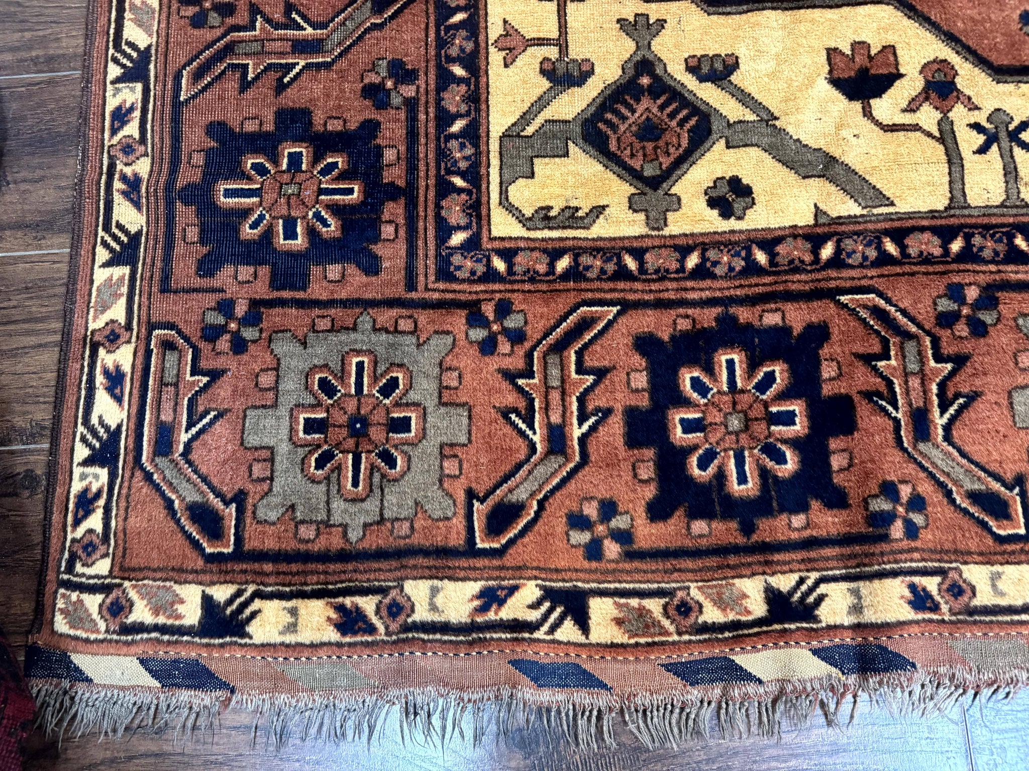 Afghan Heriz Rug 9x12, Tribal Geometric Serapi Carpet, Rust Cream and Navy, Wool on Wool by Jewel Rugs
