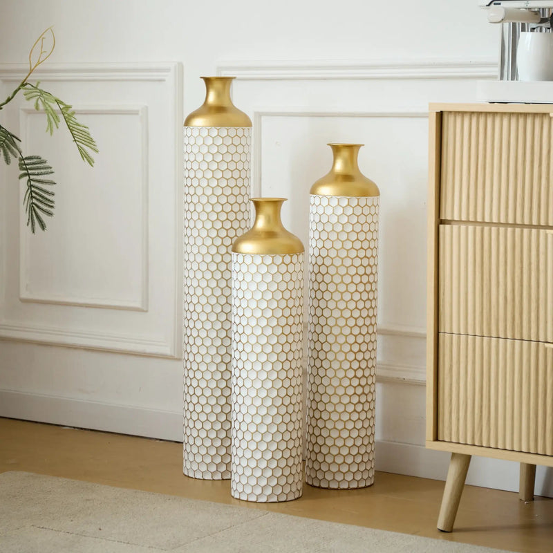3-Piece Modern Metal Vase Set - White & Gold by HouseOfZazla