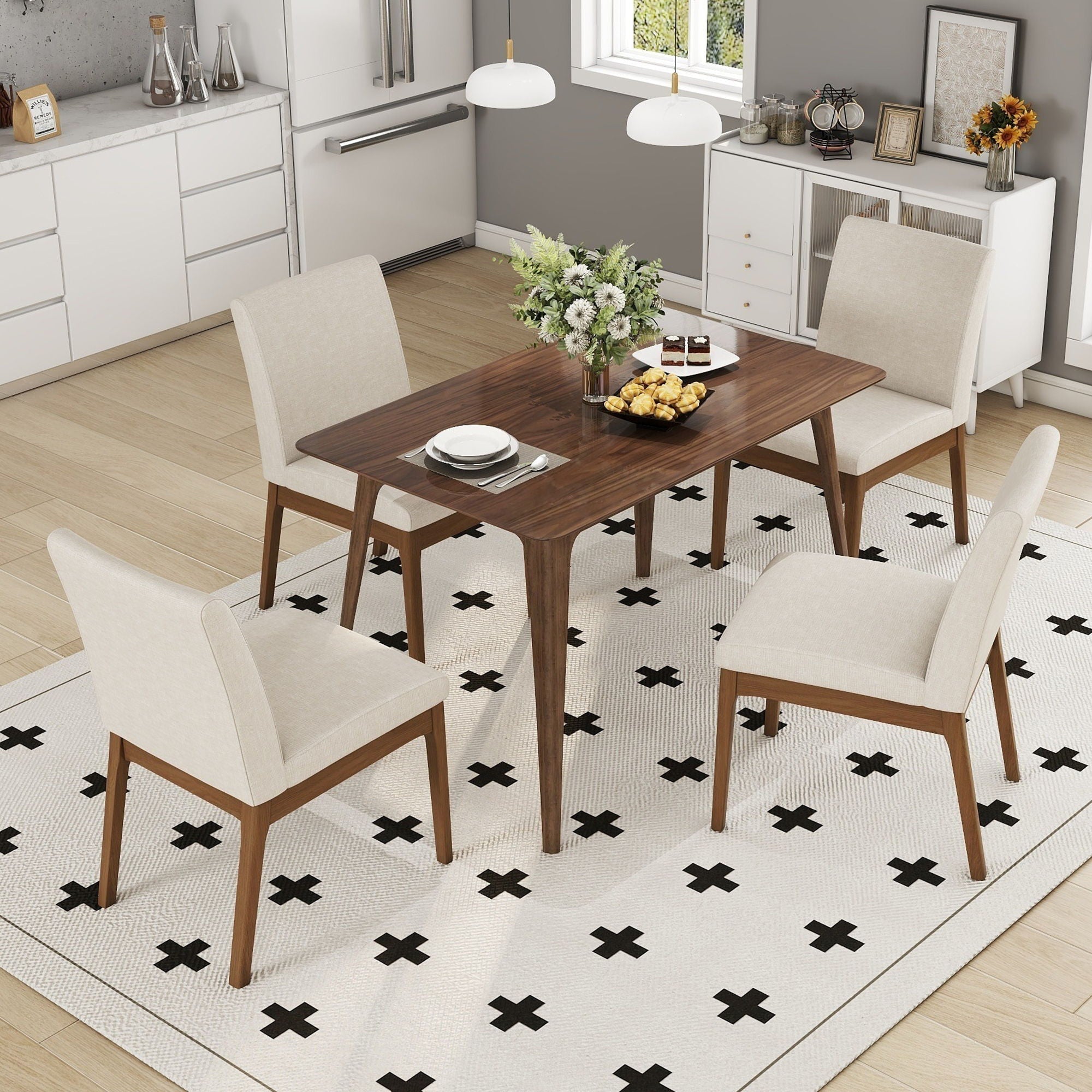 5 Piece Dining Set With Table And Upholstered Chairs - Light Beige / Walnut by HouseOfZazla
