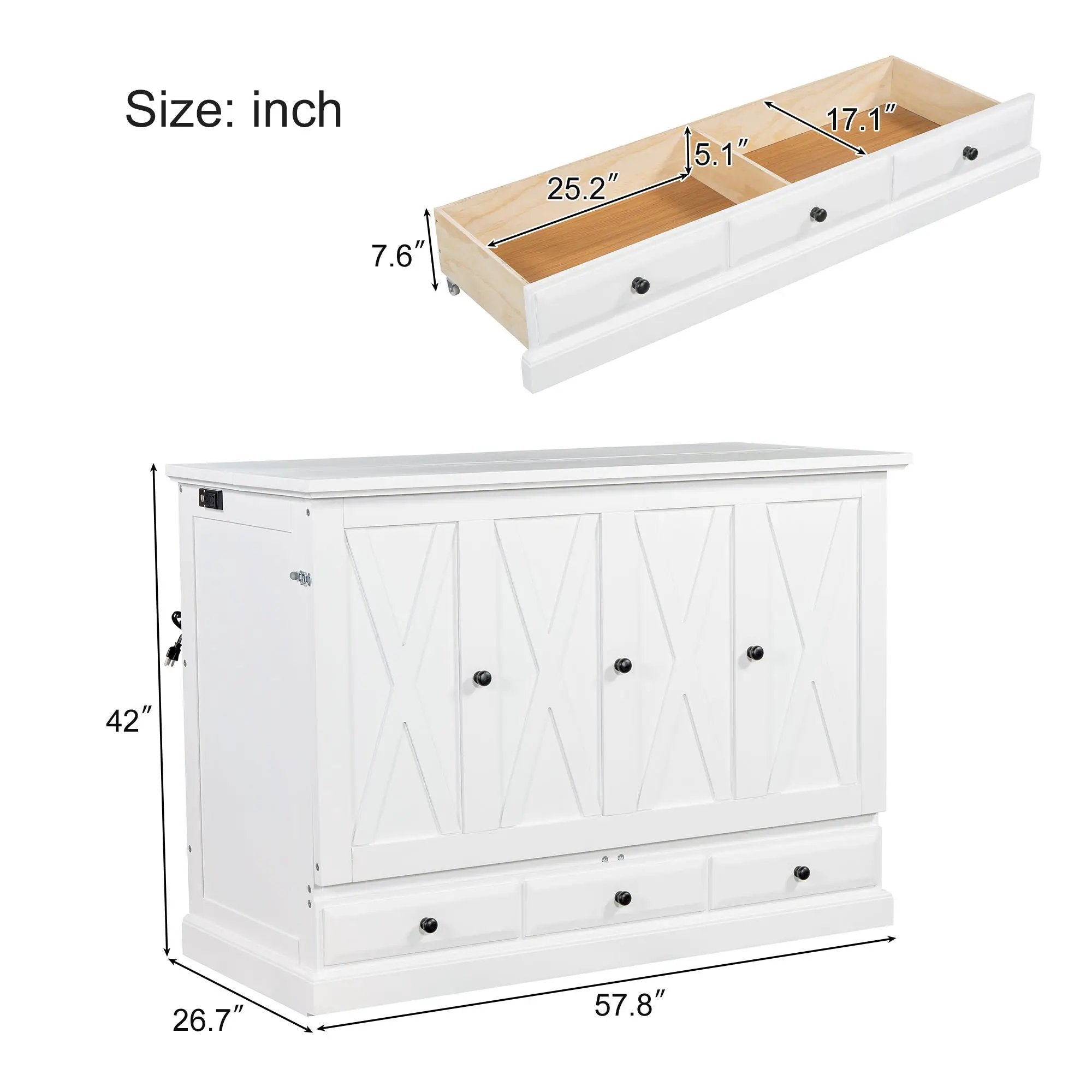 Solid Pine Murphy Bed Chest Cube Cabinet Bed With Charging Station And Large Storage Drawer For Home Office Or Small Room by Unique Piece Furniture