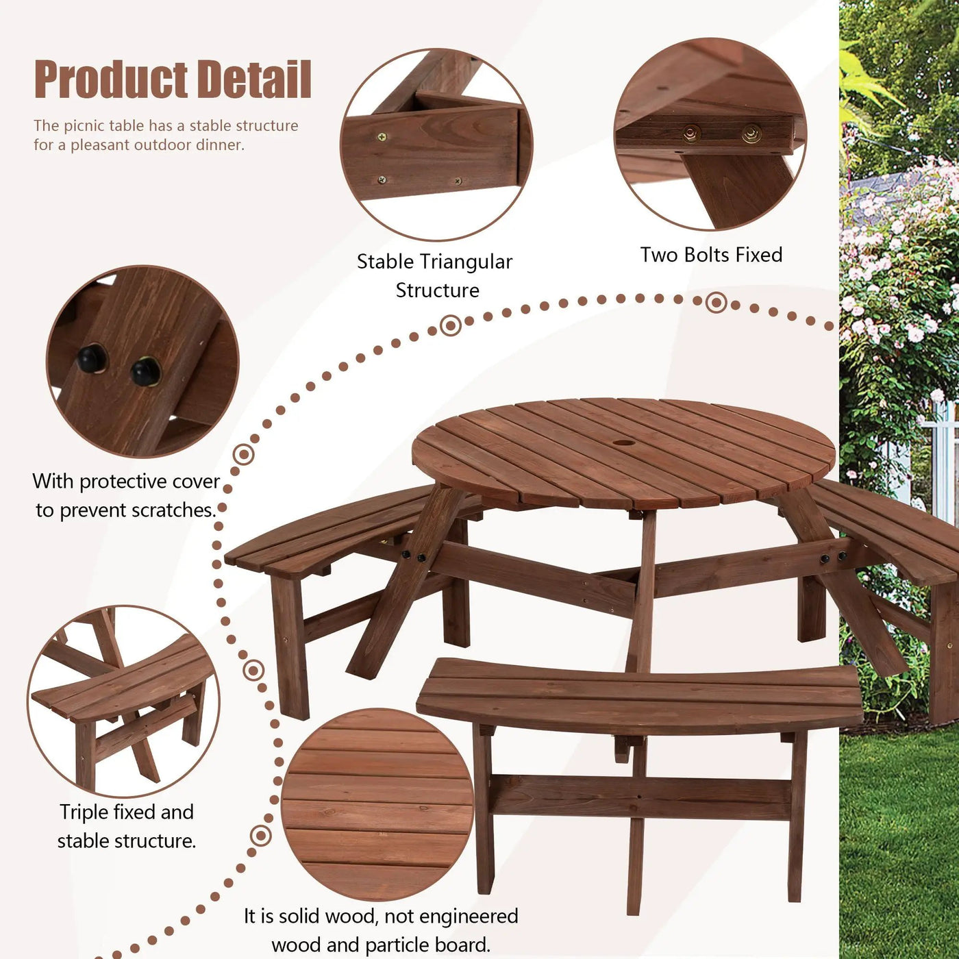 6 Person Circular Outdoor Wooden Picnic Table For Patio, Backyard, Garden, Diy With 3 Built-In Benches, 1720Lb Capacity by Unique Piece Furniture