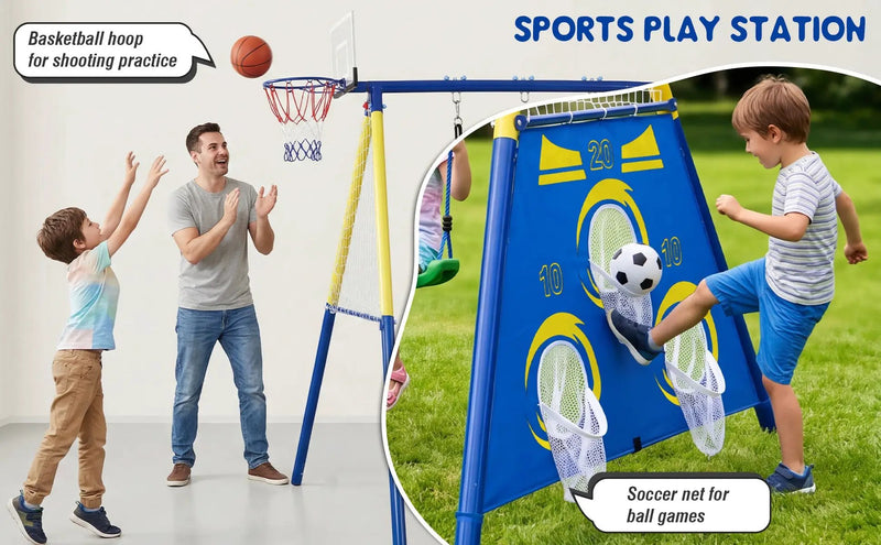 5-in-1 Kids Swing Set with Saucer Swing, Belt Swing, Basketball Hoop & Soccer Goal by HouseOfZazla