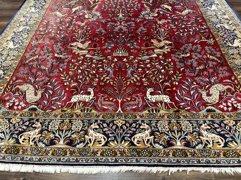 Persian Qum Rug 9x12, Animal Pictorials, Deer Birds, Tree of Life, Red and Navy Blue by Jewel Rugs