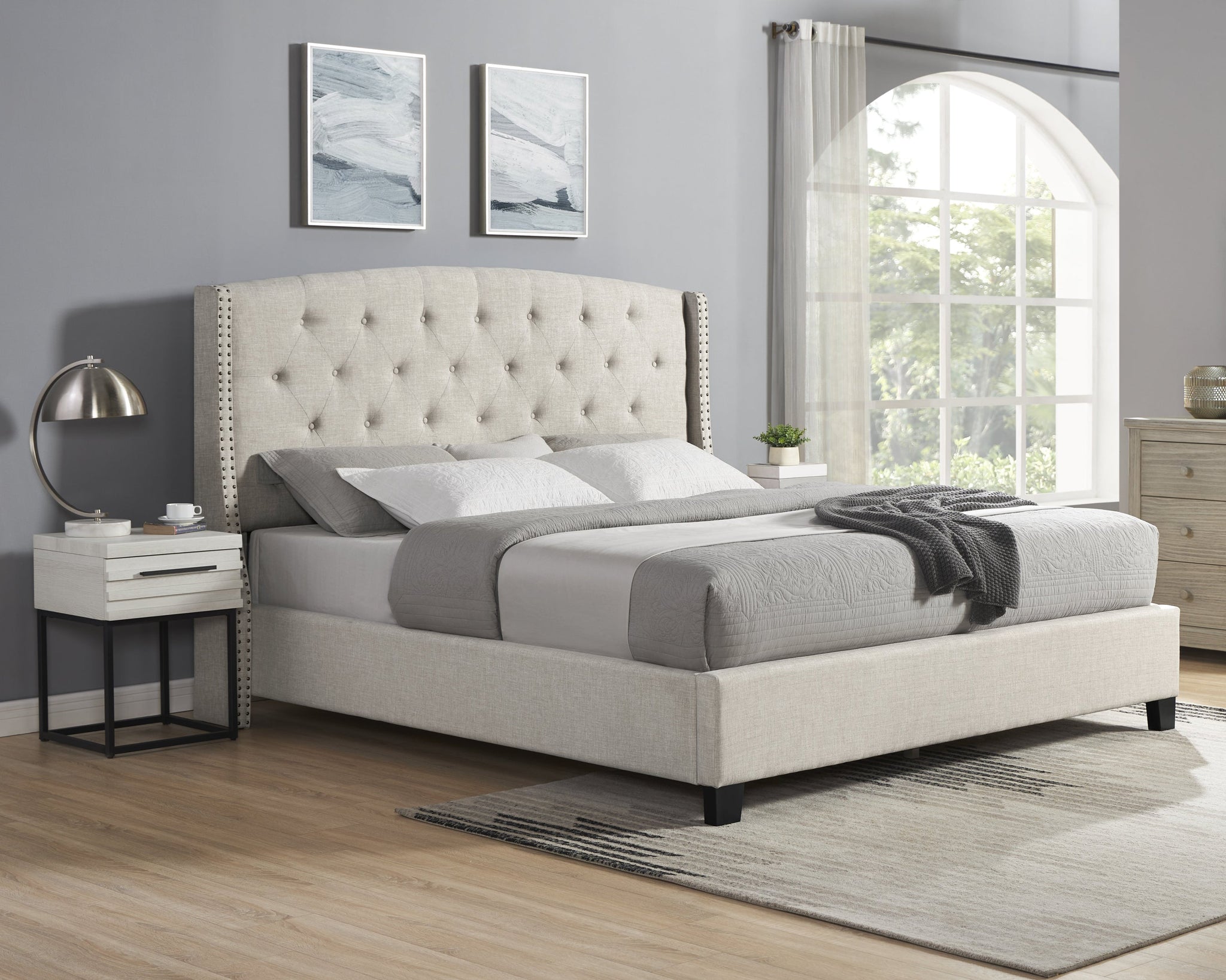 Astral 3-Piece Upholstered Bedroom Set, Tufted Wingback Bed with Two White Nightstands by HouseOfZazla