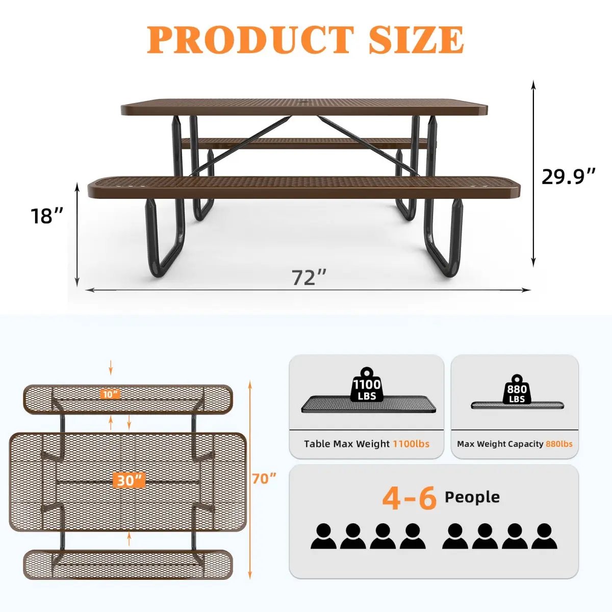 6 ft Metal Picnic Tables for Outdoors, Rectangle Coated Steel Patio Furniture Set by Chery Industrial
