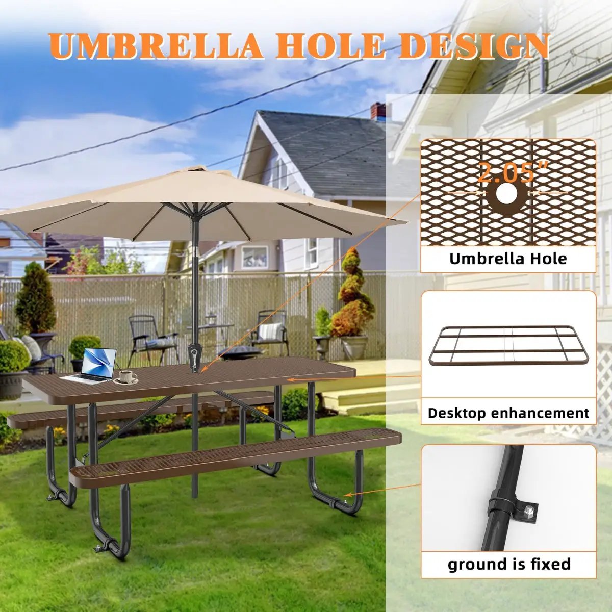 6 ft Metal Picnic Tables for Outdoors, Rectangle Coated Steel Patio Furniture Set by Chery Industrial