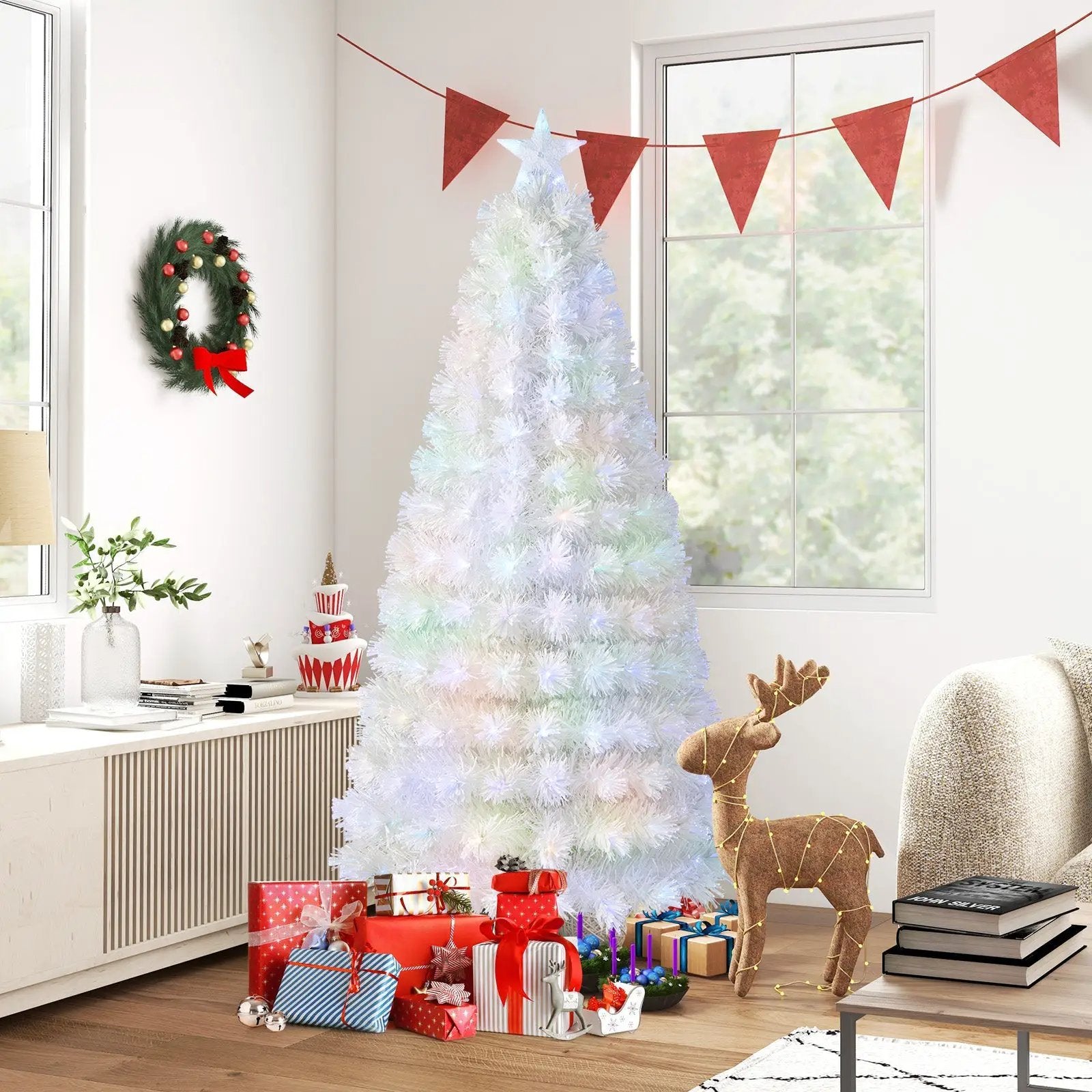 6/7 Feet Pre-Lit Fiber Optic White Snow-Flocked Artificial Christmas Tree by DirectDeals