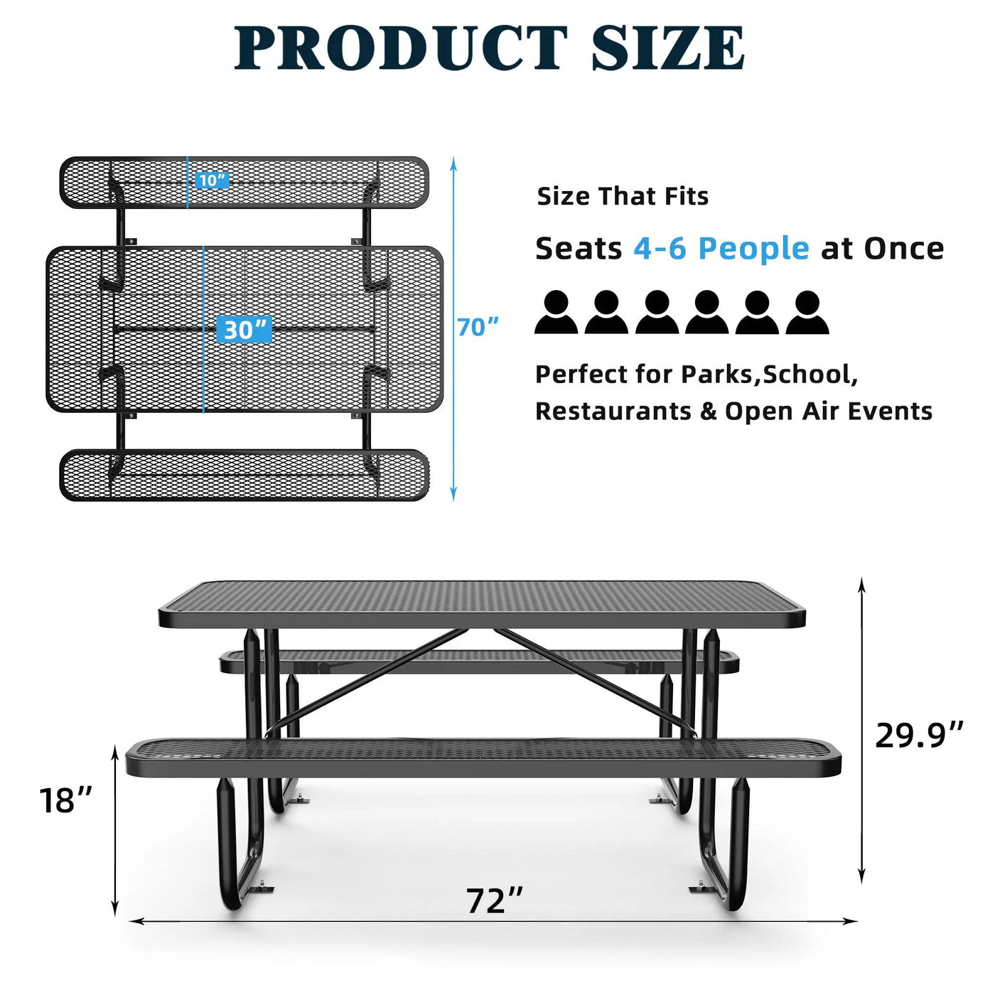 6 ft Metal Picnic Tables for Outdoors, Rectangle Coated Steel Patio Furniture Set by Chery Industrial
