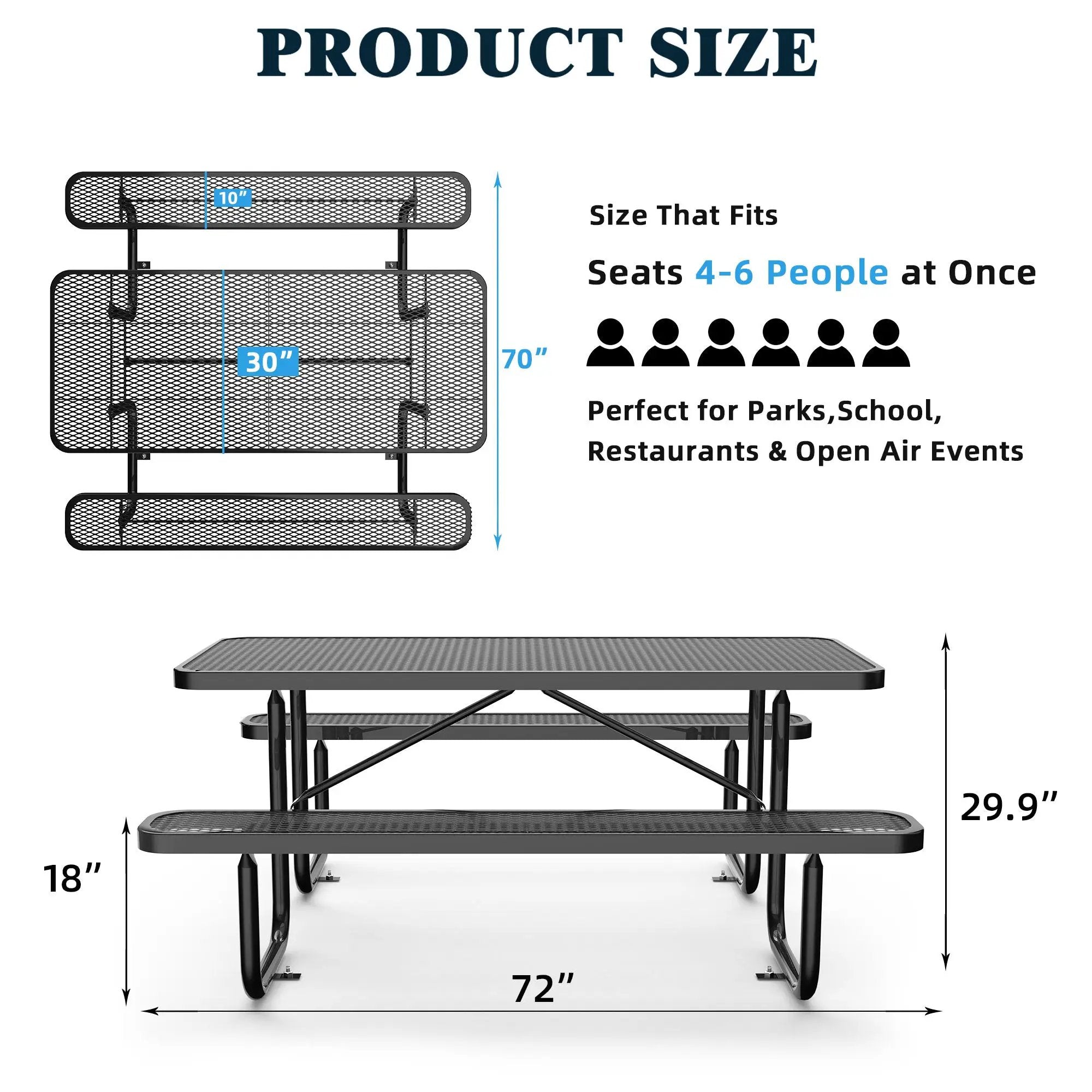 6 ft Metal Picnic Tables for Outdoors, Rectangle Coated Steel Patio Furniture Set by Chery Industrial