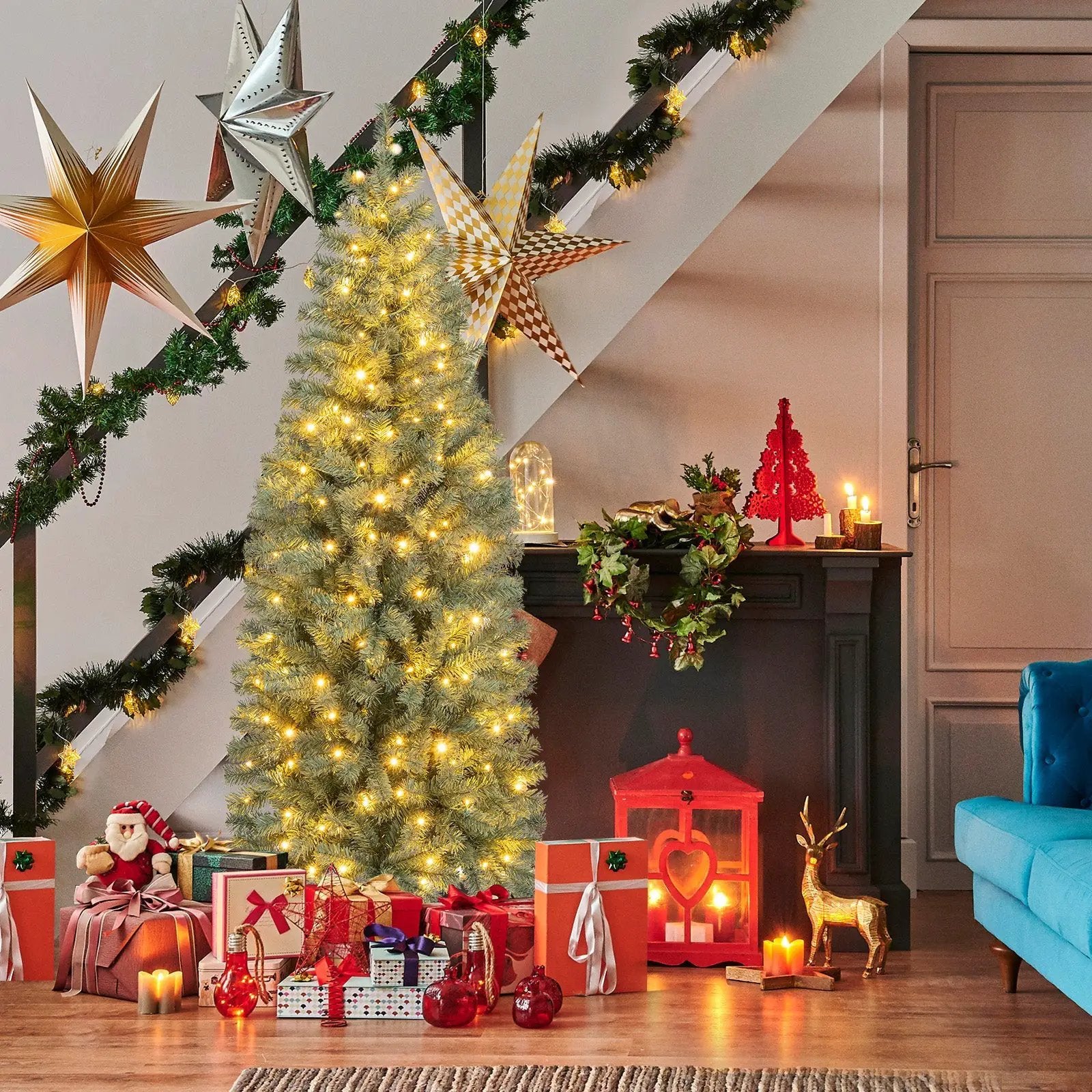 Pre-Lit Blue Artificial Christmas Tree Slim with 9 Lighting Modes by DirectDeals