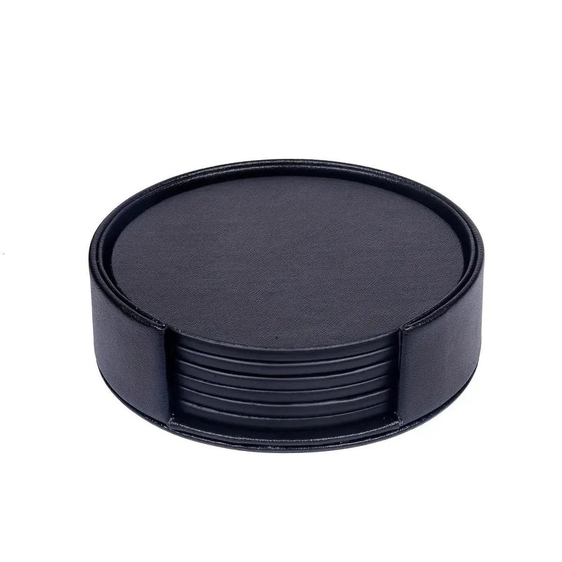 6pcs WAIYIFON Premium Faux Leather Drink Coasters with Holder - Elegant Black, Round Cup Mats for Tabletop Protection, Ideal for Home & Kitchen Use - Perfect Housewarming Gift by House Of Avana