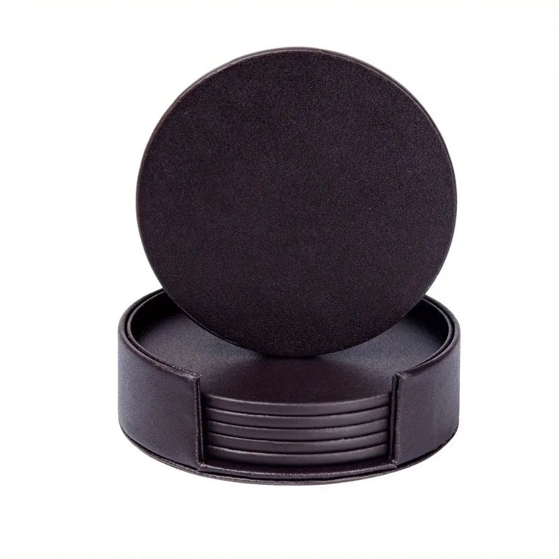 6pcs WAIYIFON Premium Faux Leather Drink Coasters with Holder - Elegant Black, Round Cup Mats for Tabletop Protection, Ideal for Home & Kitchen Use - Perfect Housewarming Gift by House Of Avana