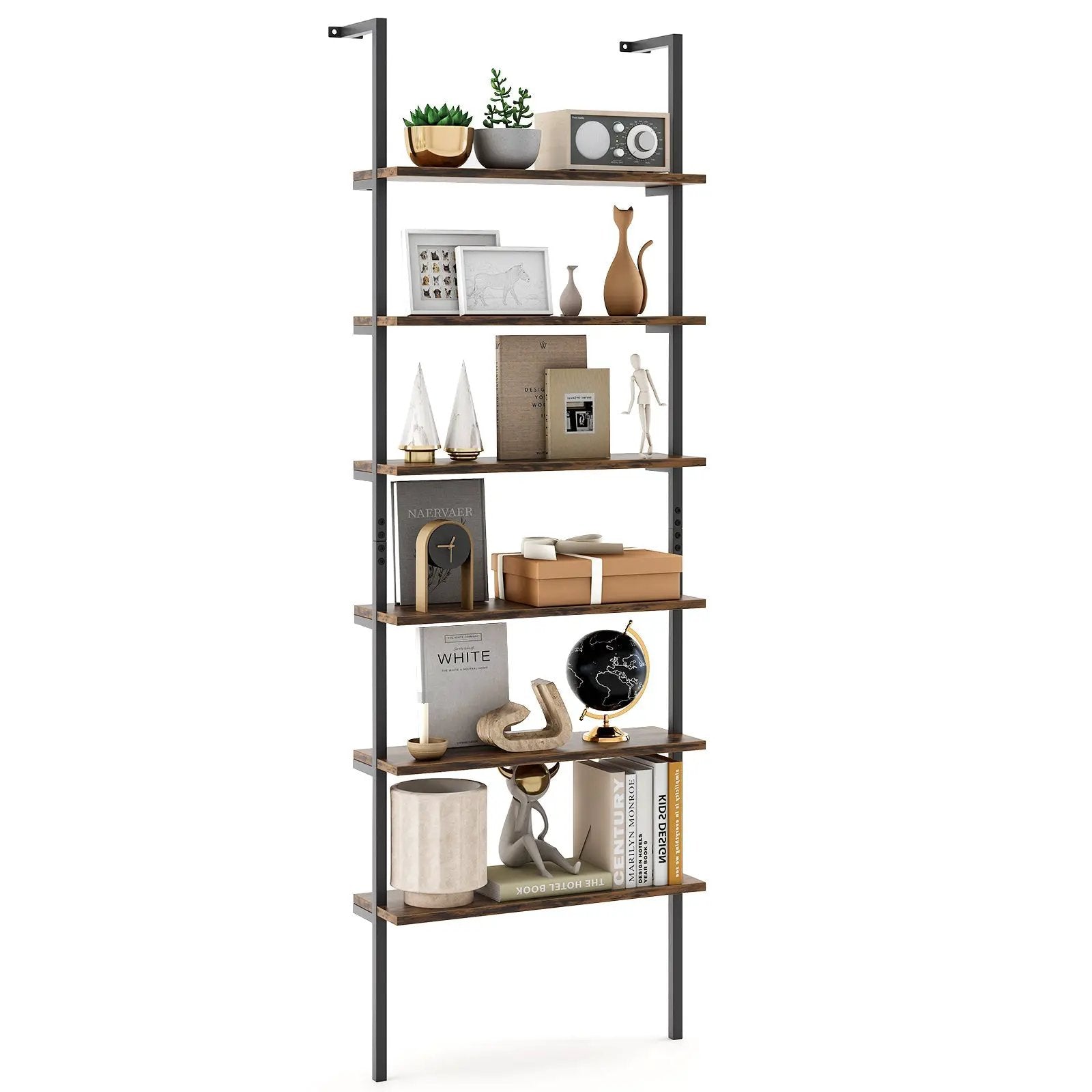 6-tier Ladder Shelf 72 Inches Industrial Wall Mounted Bookshelf by DirectDeals