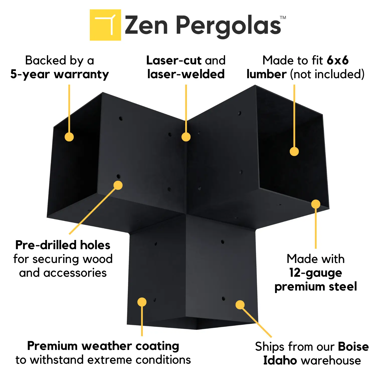 Pergola 3-Arm Post Bracket (for 6x6 Wood Posts) by Zen Pergolas