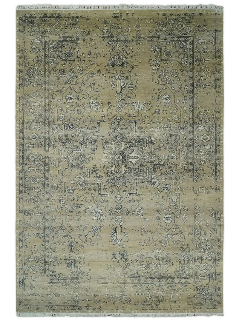 6x9 Fine Hand Knotted Beige and Black Traditional Vintage Persian Style Antique Wool Rug by The Rug Decor