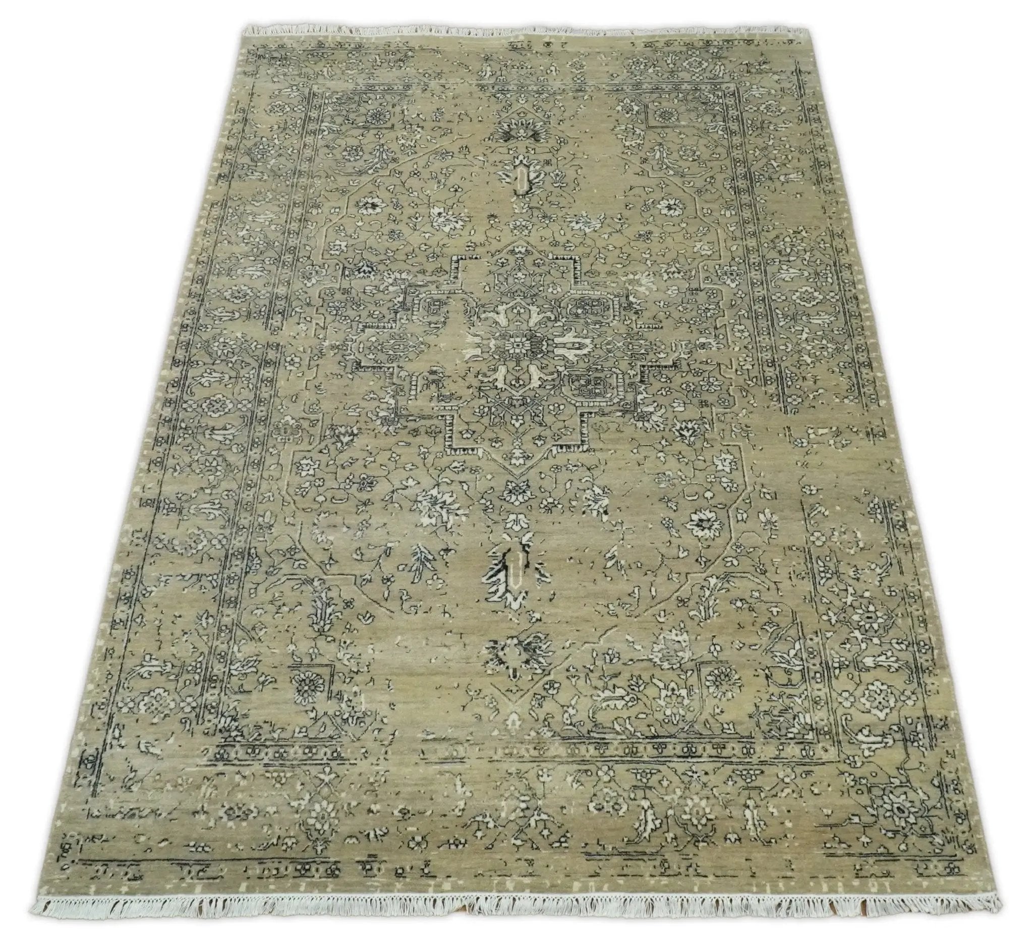 6x9 Fine Hand Knotted Beige and Black Traditional Vintage Persian Style Antique Wool Rug by The Rug Decor