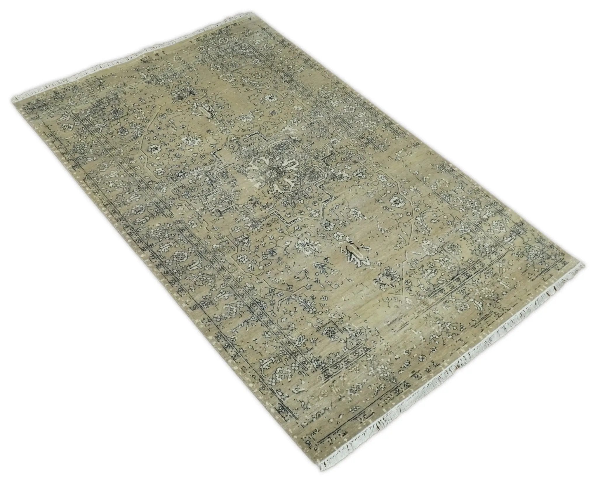 6x9 Fine Hand Knotted Beige and Black Traditional Vintage Persian Style Antique Wool Rug by The Rug Decor