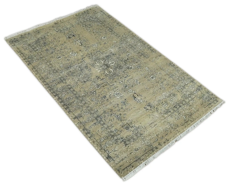 6x9 Fine Hand Knotted Beige and Black Traditional Vintage Persian Style Antique Wool Rug by The Rug Decor