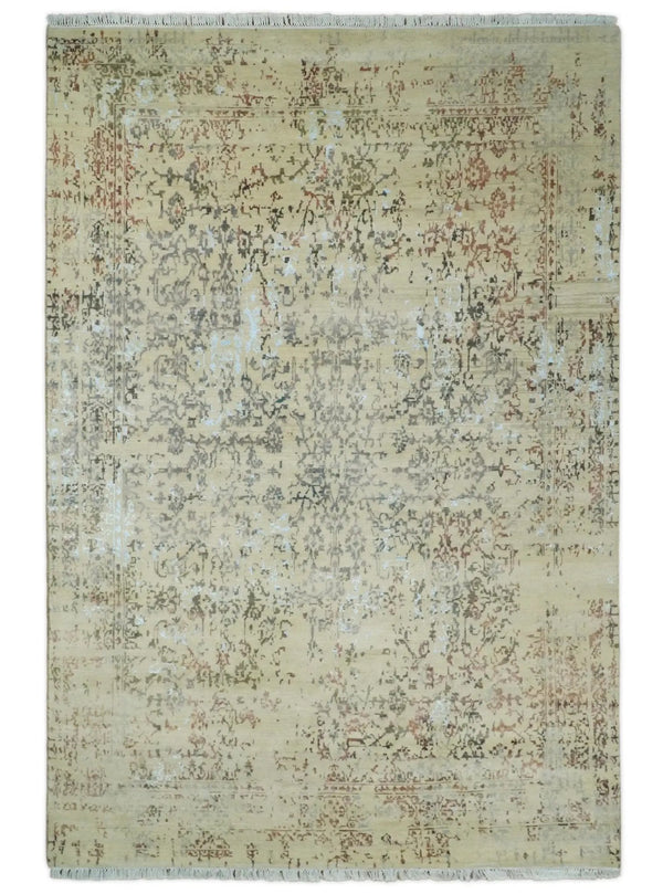 6x9 Fine Hand Knotted Beige and Rust Vintage Persian Style Antique Wool and Silk Rug