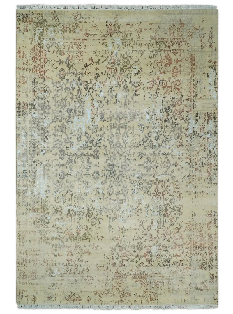 6x9 Fine Hand Knotted Beige and Rust Vintage Persian Style Antique Wool and Silk Rug by The Rug Decor