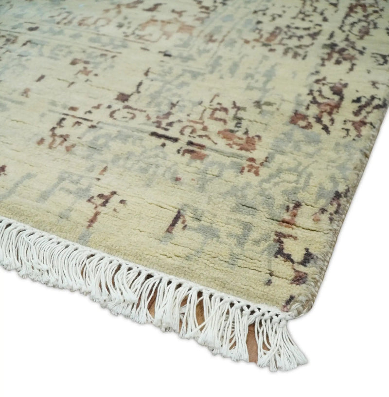 6x9 Fine Hand Knotted Beige and Rust Vintage Persian Style Antique Wool and Silk Rug by The Rug Decor
