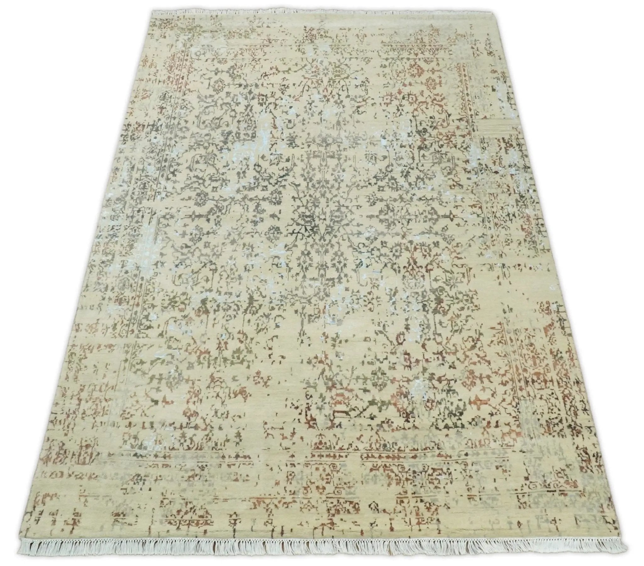 6x9 Fine Hand Knotted Beige and Rust Vintage Persian Style Antique Wool and Silk Rug by The Rug Decor
