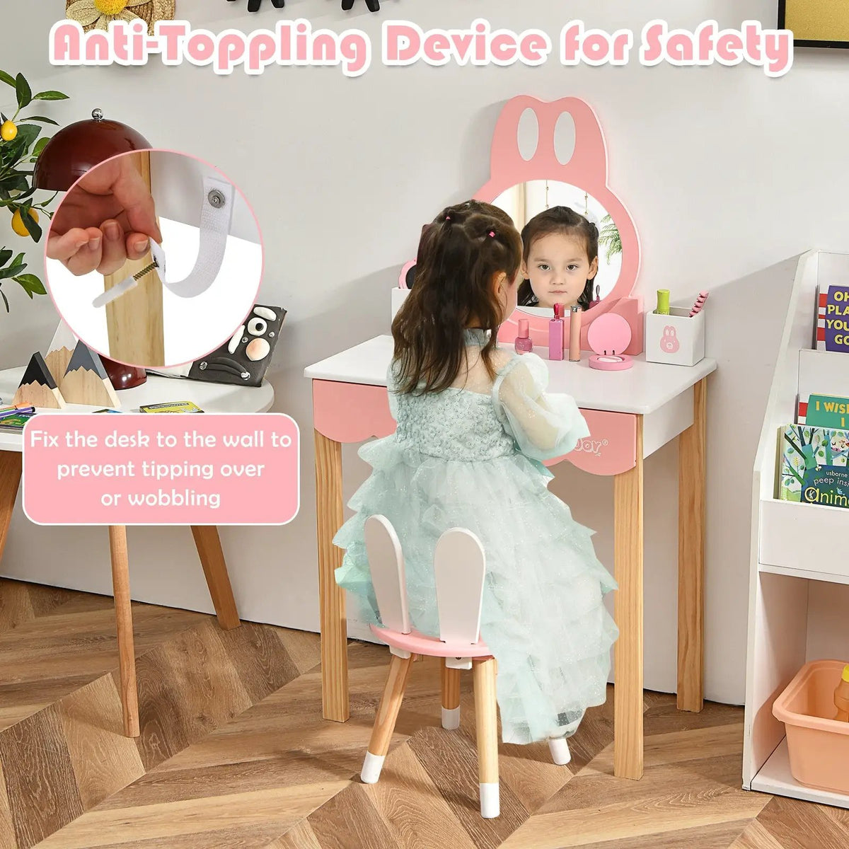Kids Vanity Set Rabbit Makeup Dressing Table Chair Set with Mirror and Drawer, photo 3 of 9