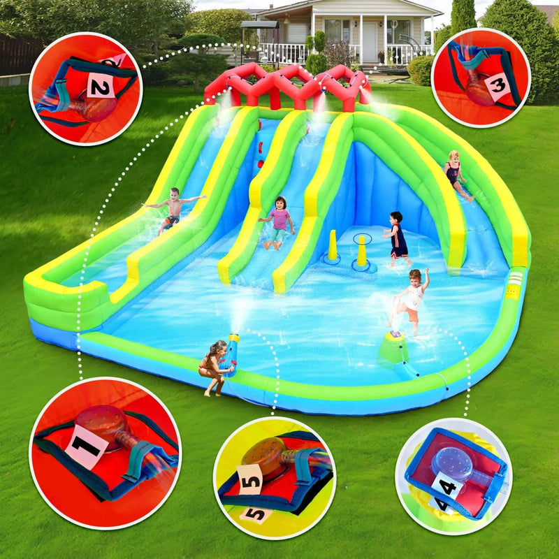 7-In-1 Inflatable Water Park With Triple Slides, Water Gun, And Climbing Wall (SAK98134) by SAKSBY WHOLESALE