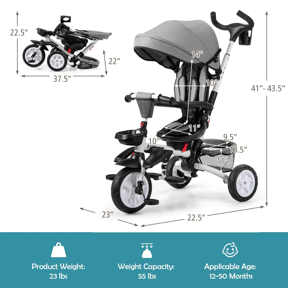 7-in-1 Detachable Baby Stroller with Canopy and Safety Harness, photo 17 of 32