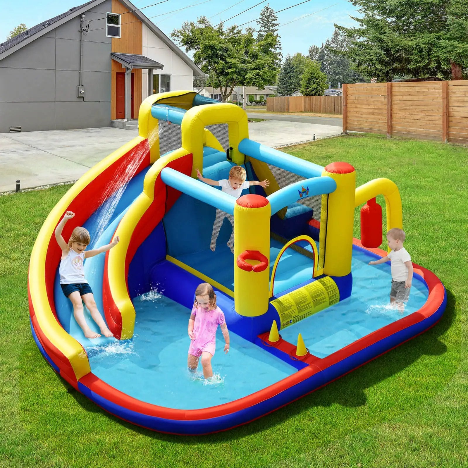 7-in-1 Inflatable Water Slide Bounce Castle with Splash Pool and Climbing Wall without Blower by DirectDeals