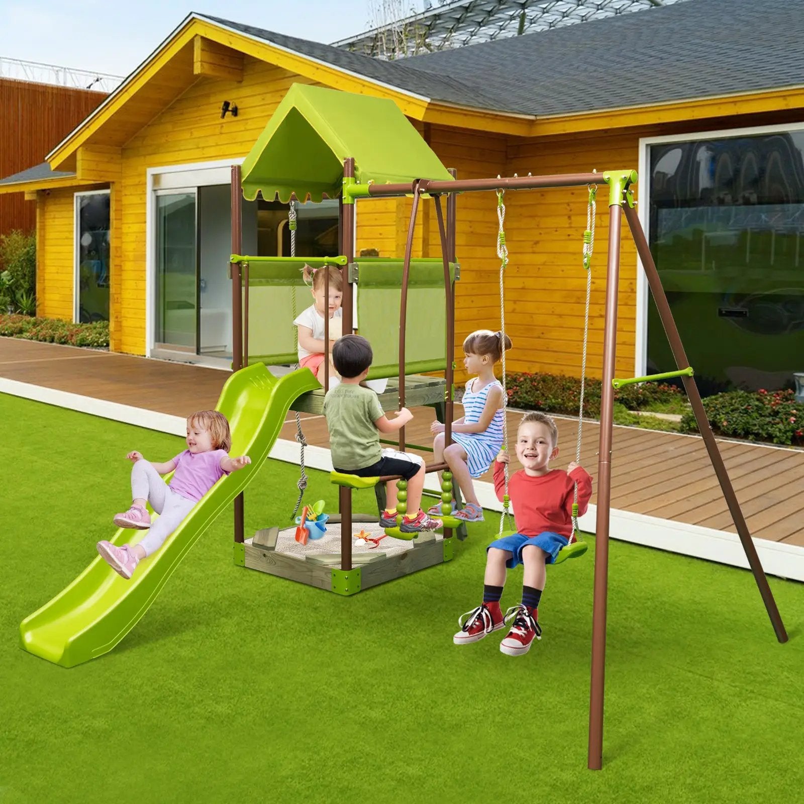 7-in-1 Kids Outdoor Metal Playset with Wave Slide and Climbing Rope-Green by DirectDeals