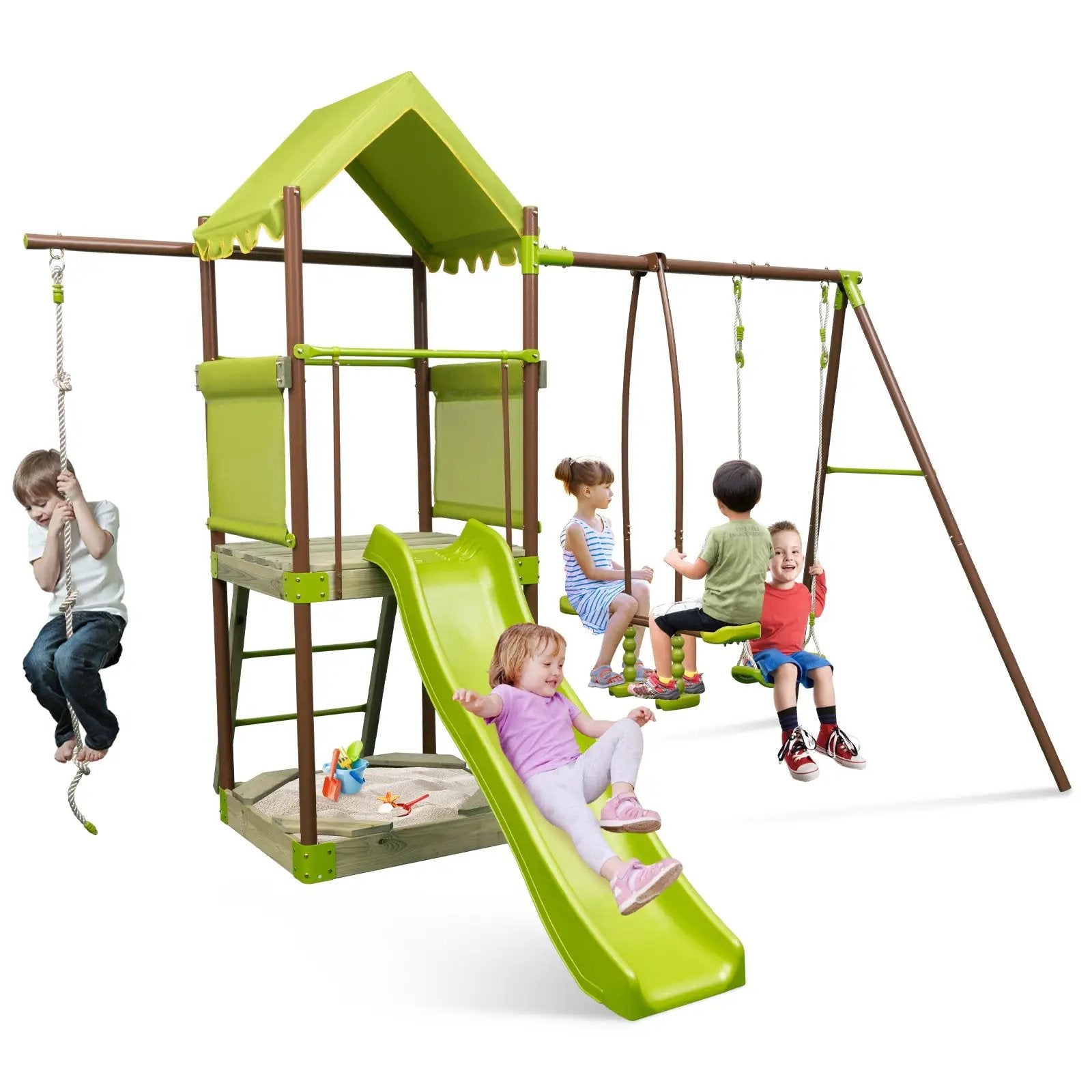 7-in-1 Kids Outdoor Metal Playset with Wave Slide and Climbing Rope-Green by DirectDeals