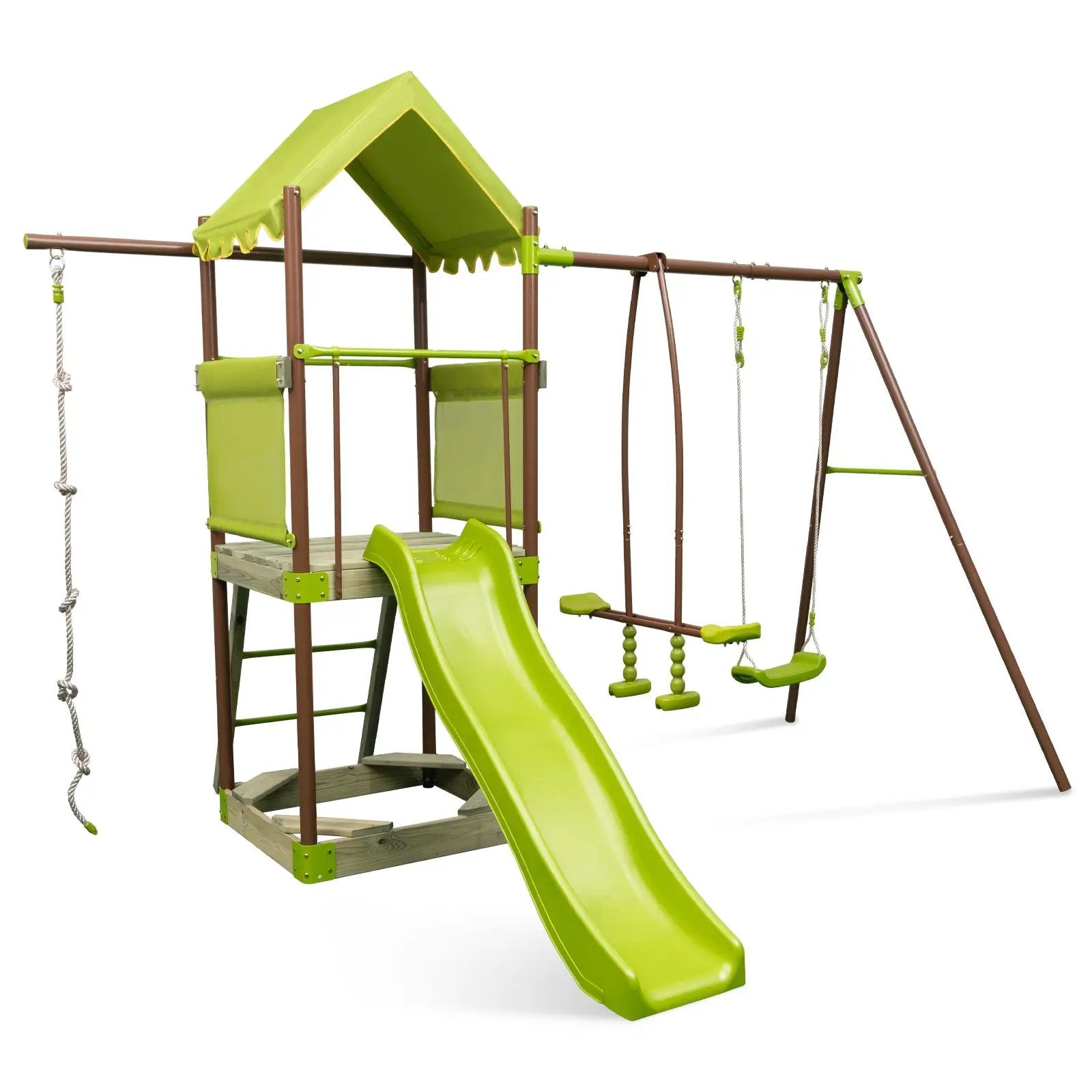 7-in-1 Kids Outdoor Metal Playset with Wave Slide and Climbing Rope-Green by DirectDeals