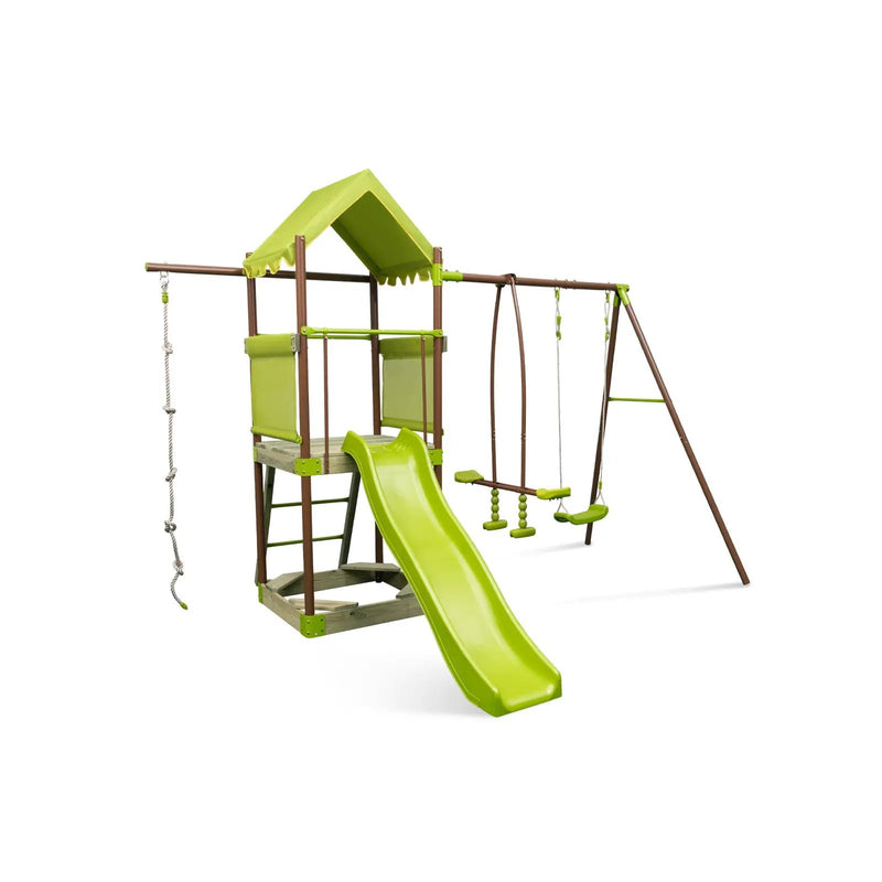 7-in-1 Kids Outdoor Metal Playset with Wave Slide and Climbing Rope-Green by DirectDeals