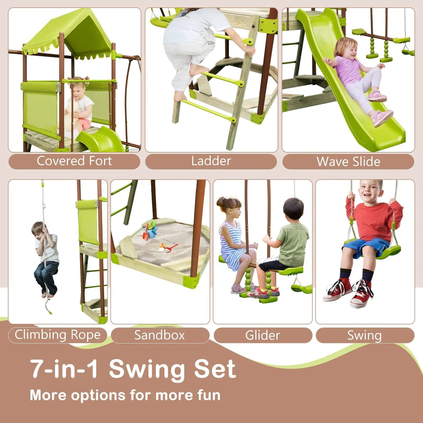7-in-1 Kids Outdoor Metal Playset with Wave Slide and Climbing Rope-Green by DirectDeals