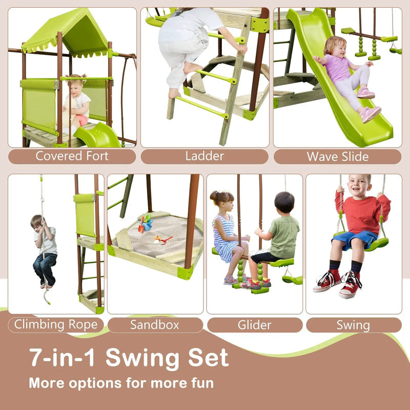 7-in-1 Kids Outdoor Metal Playset with Wave Slide and Climbing Rope-Green by DirectDeals