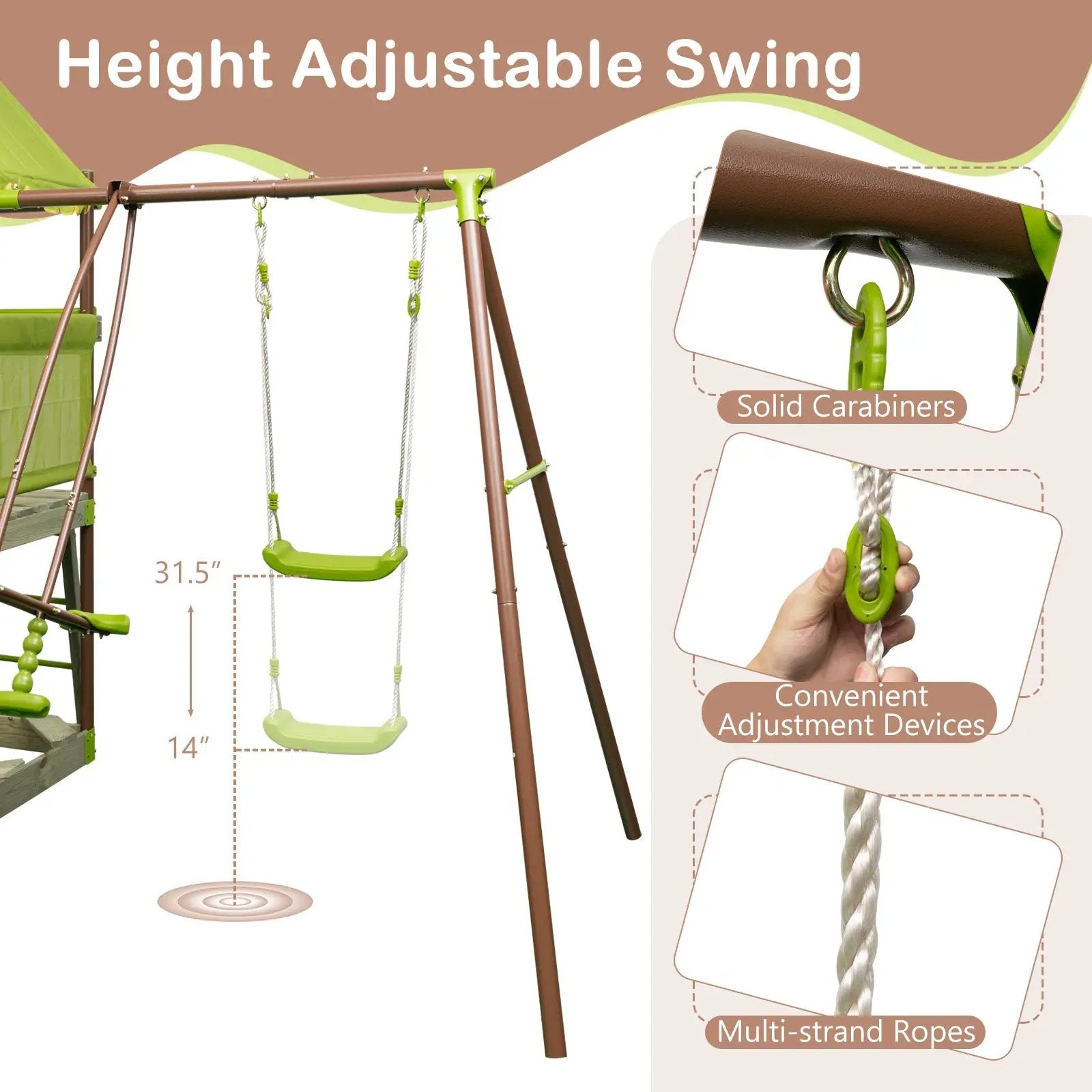 7-in-1 Kids Outdoor Metal Playset with Wave Slide and Climbing Rope-Green by DirectDeals