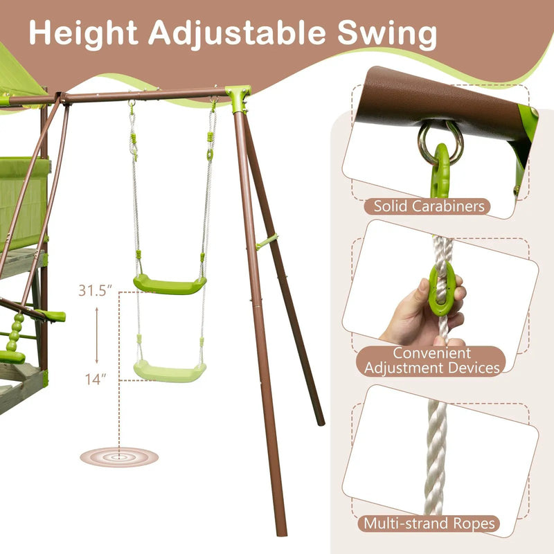 7-in-1 Kids Outdoor Metal Playset with Wave Slide and Climbing Rope-Green by DirectDeals