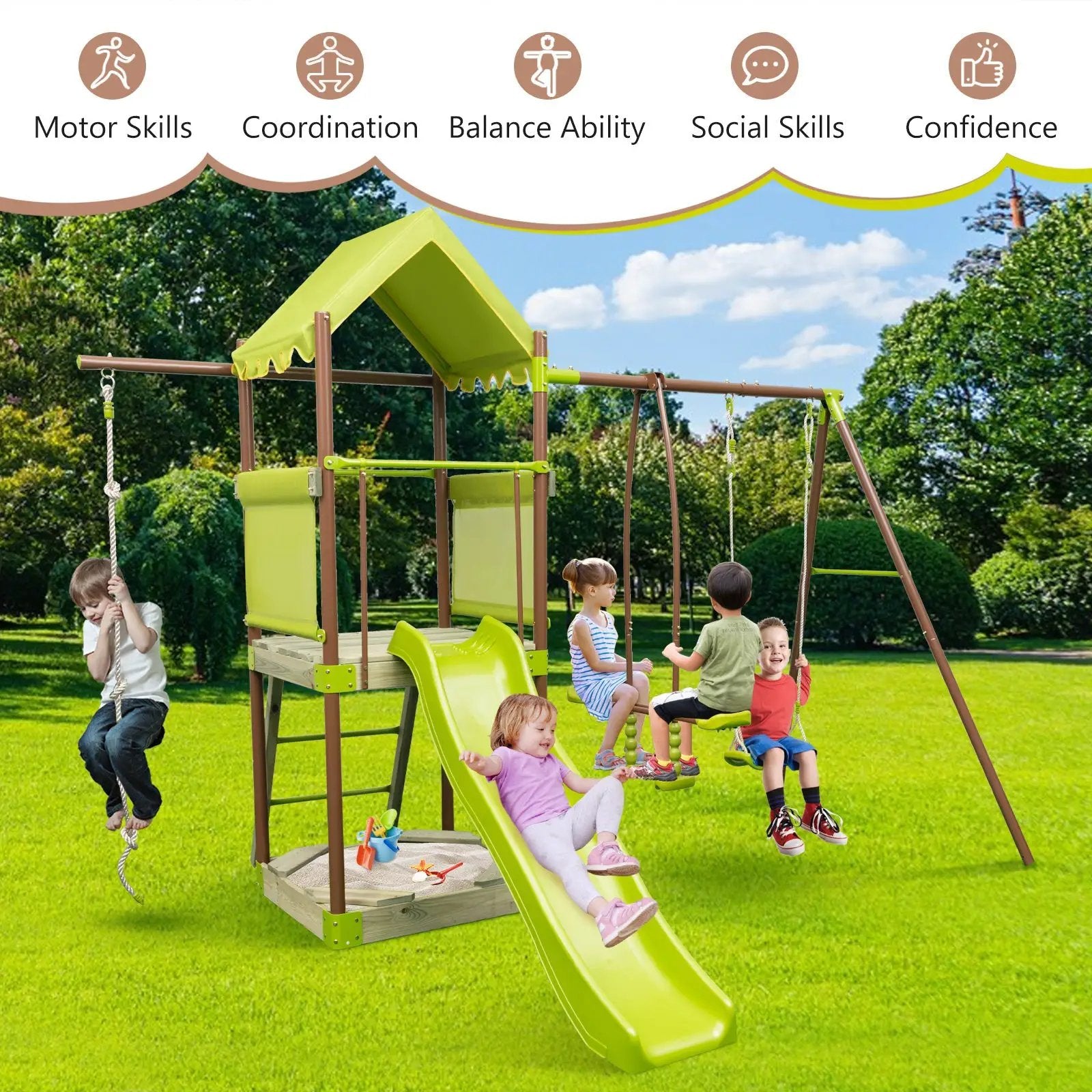 7-in-1 Kids Outdoor Metal Playset with Wave Slide and Climbing Rope-Green by DirectDeals
