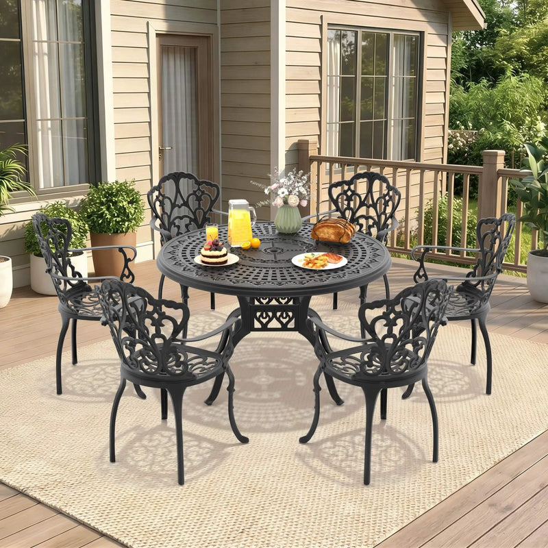 Alora 7-Piece Cast Aluminum Patio Furniture Set With Black Frame And Off-White Cushions (SAK12948) by SAKSBY WHOLESALE