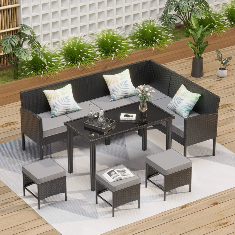Alora 7-Piece Modern Outdoor Patio Furniture Set With Waterproof Cushions & Glass Table (SAK55673) by SAKSBY WHOLESALE