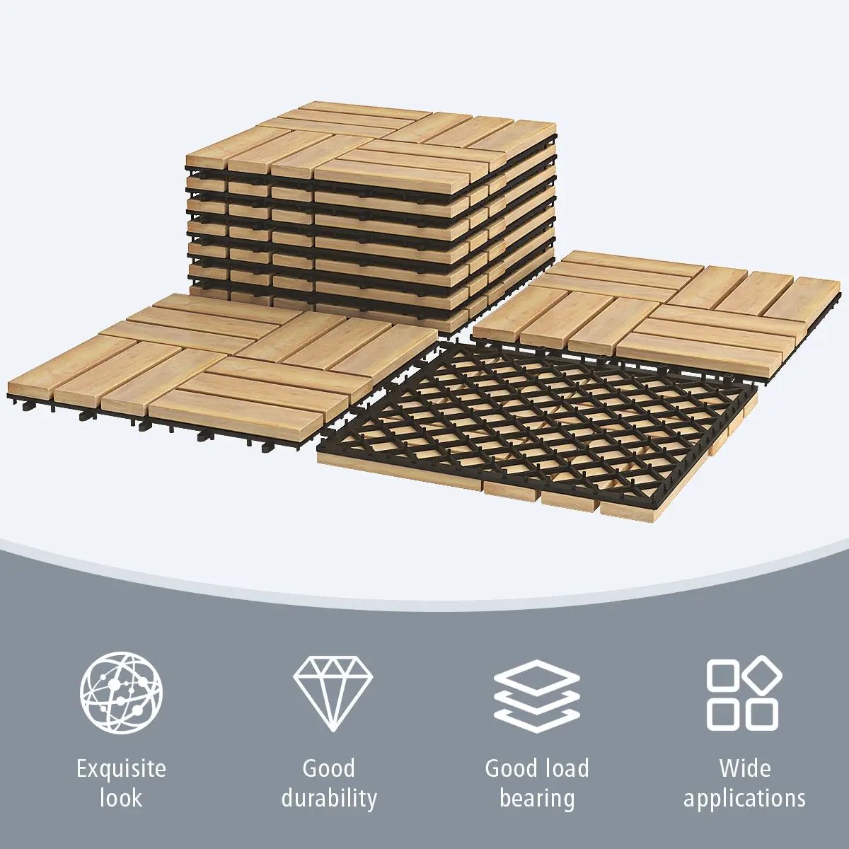10 Pieces 12 x 12 Inch Acacia Wood Interlocking Check Deck Tiles by DirectDeals